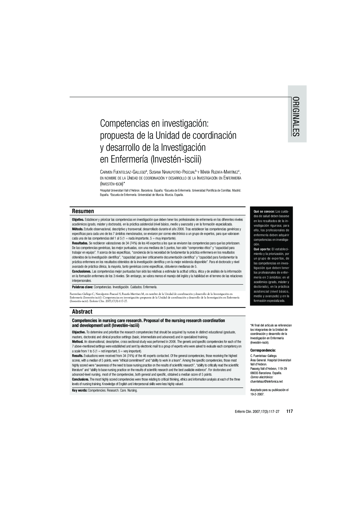 Competencias en investigación: propuesta de la Unidad de coordinación y desarrollo de la Investigación en EnfermerÃ­a (Investén-isciii)
