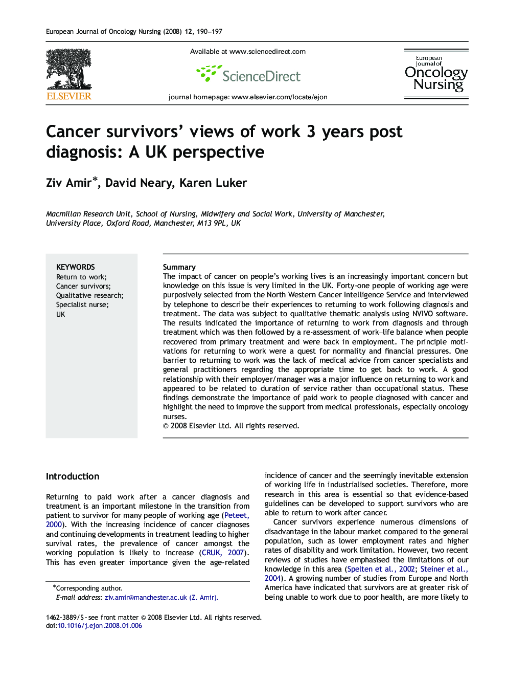 Cancer survivors’ views of work 3 years post diagnosis: A UK perspective