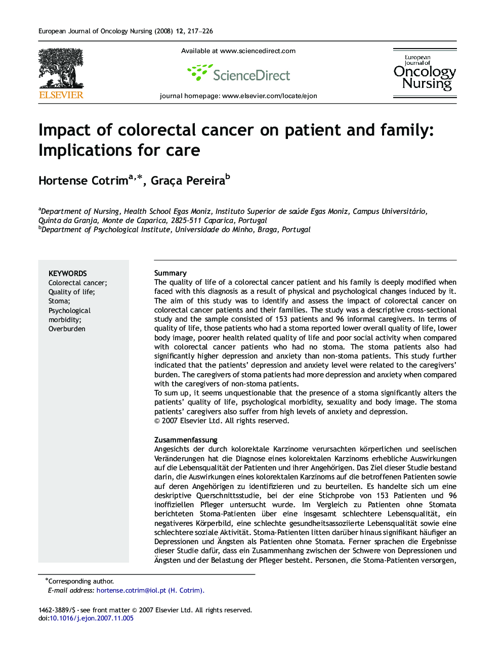 Impact of colorectal cancer on patient and family: Implications for care