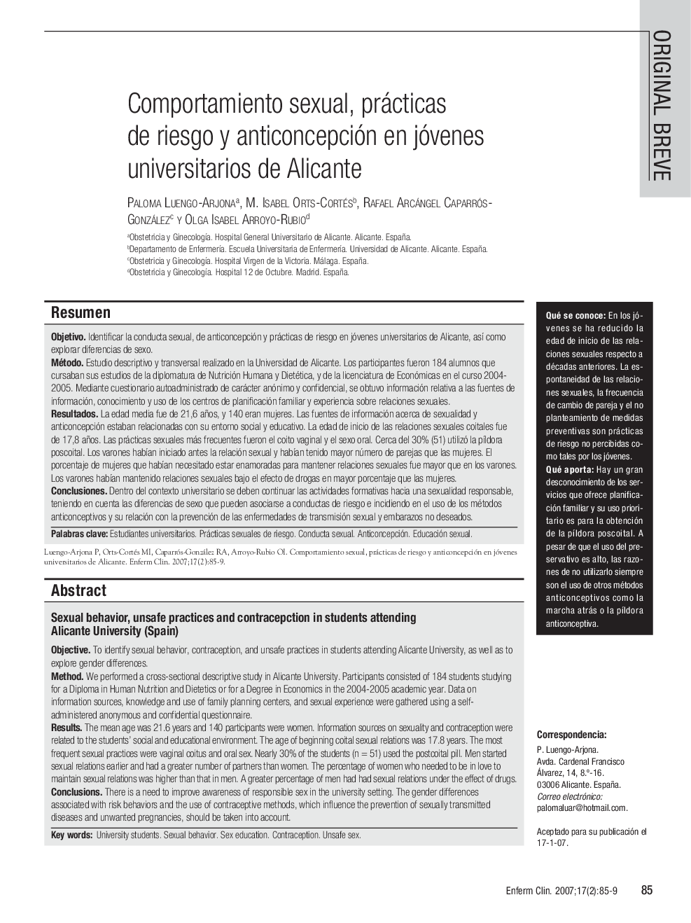 Comportamiento sexual, practices de riesgo y anticoncepción en jóvenes universitarios de Alicante