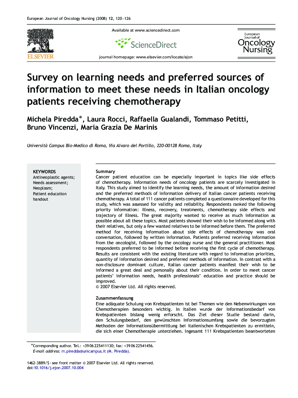 Survey on learning needs and preferred sources of information to meet these needs in Italian oncology patients receiving chemotherapy