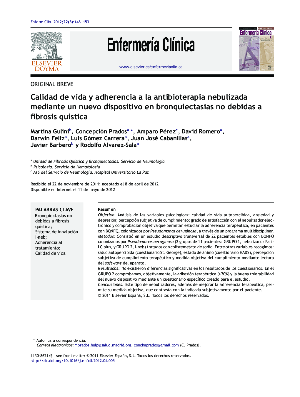 Calidad de vida y adherencia a la antibioterapia nebulizada mediante un nuevo dispositivo en bronquiectasias no debidas a fibrosis quística