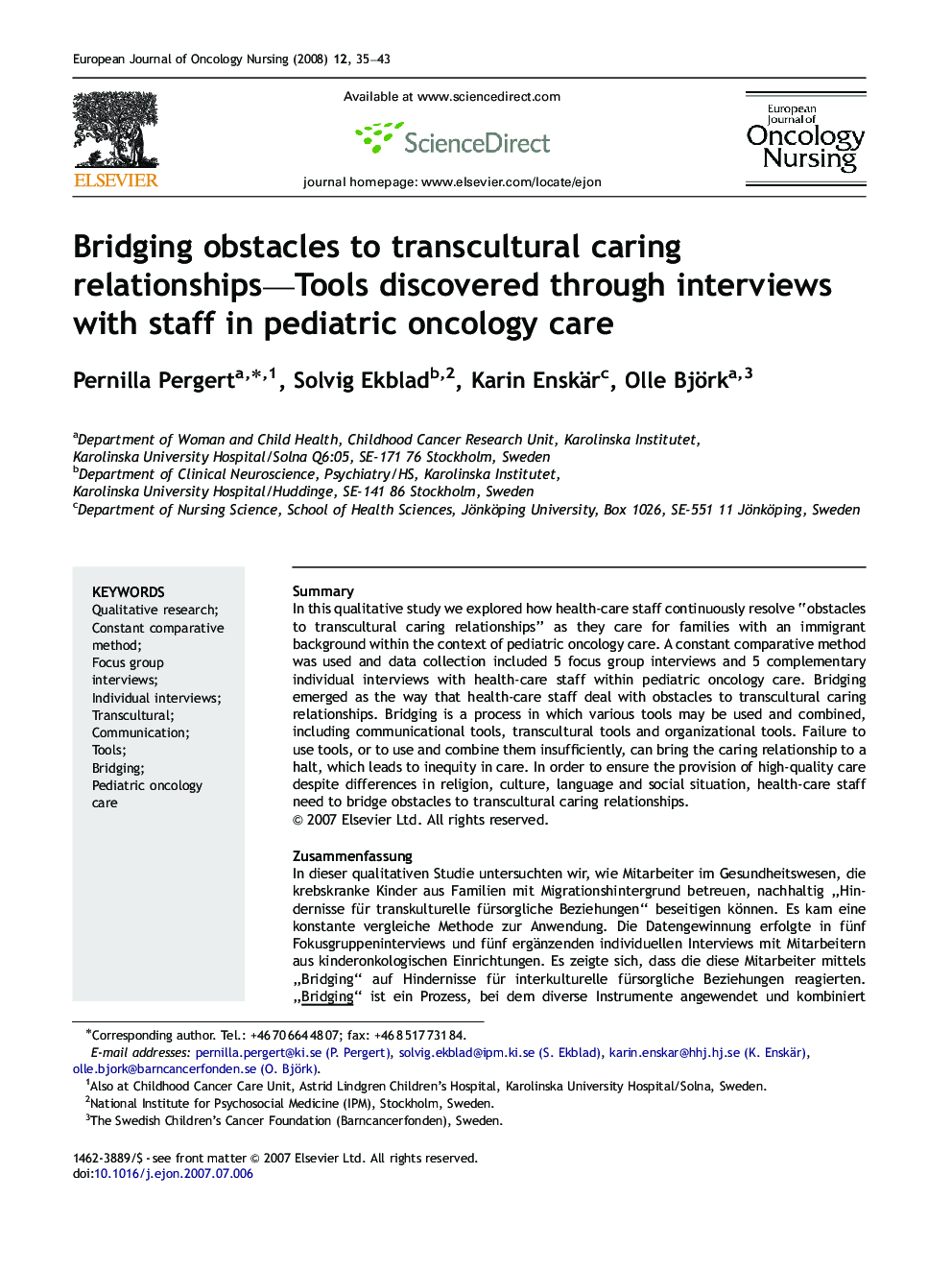 Bridging obstacles to transcultural caring relationships—Tools discovered through interviews with staff in pediatric oncology care