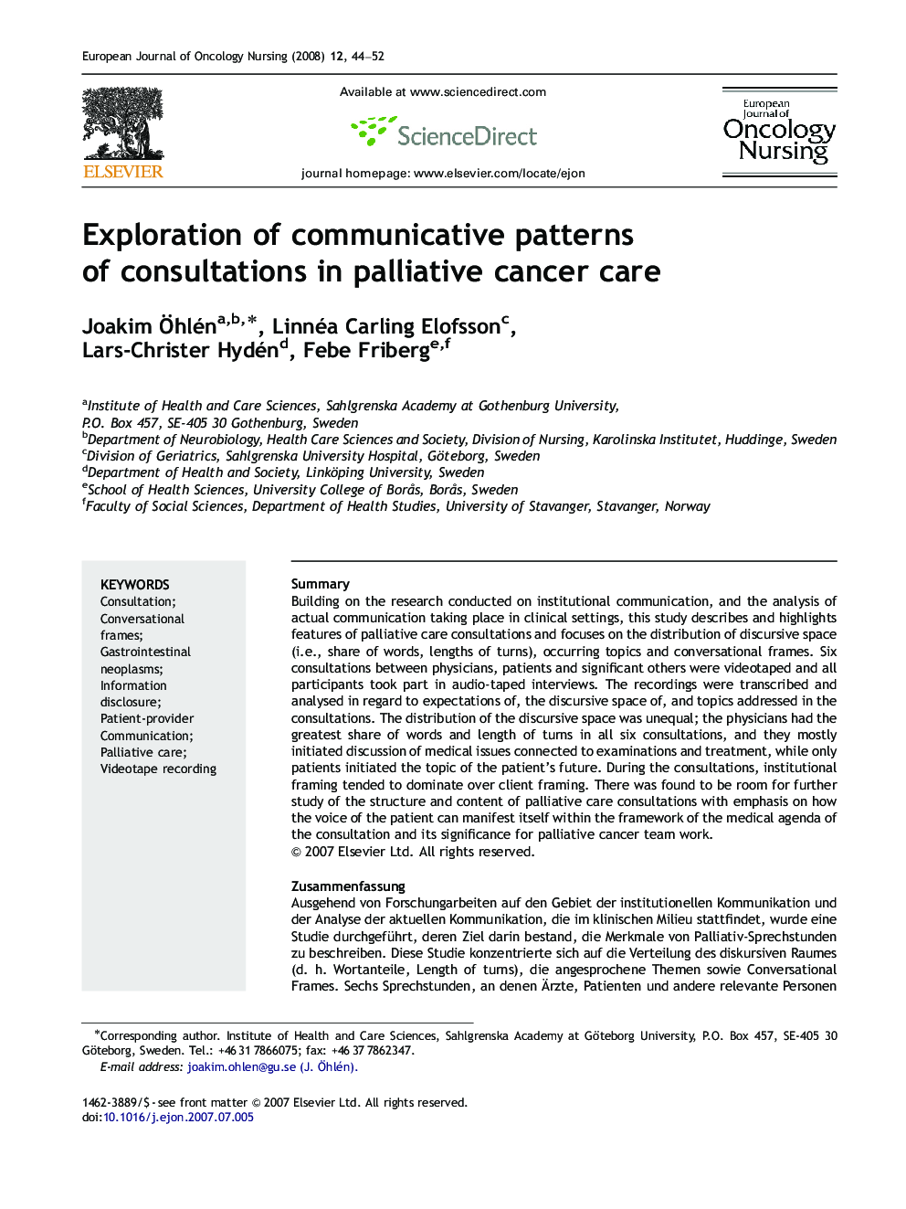 Exploration of communicative patterns of consultations in palliative cancer care