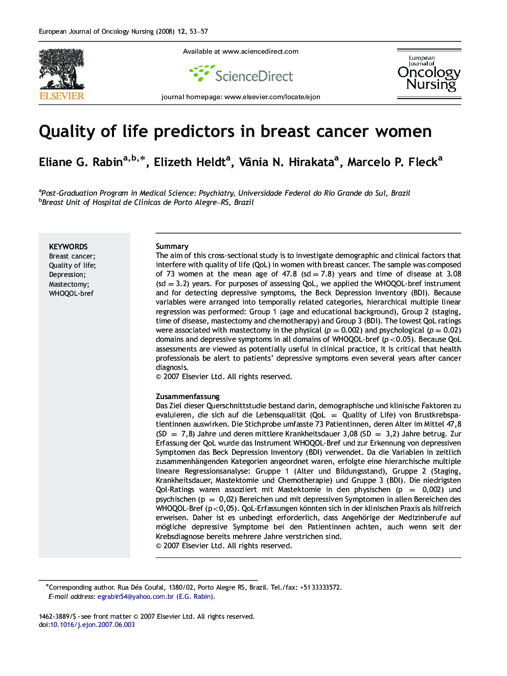 Quality of life predictors in breast cancer women