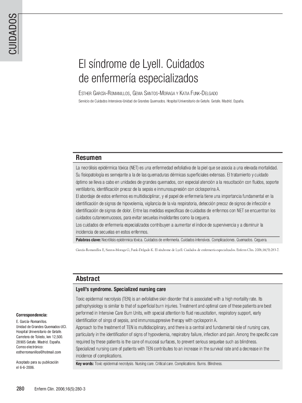 El sÃ­ndrome de Lyell. Cuidados de enfermerÃ­a especializados