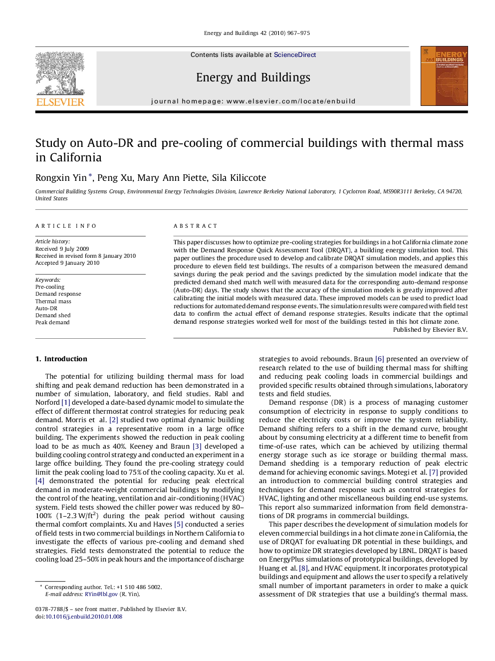 Study on Auto-DR and pre-cooling of commercial buildings with thermal mass in California