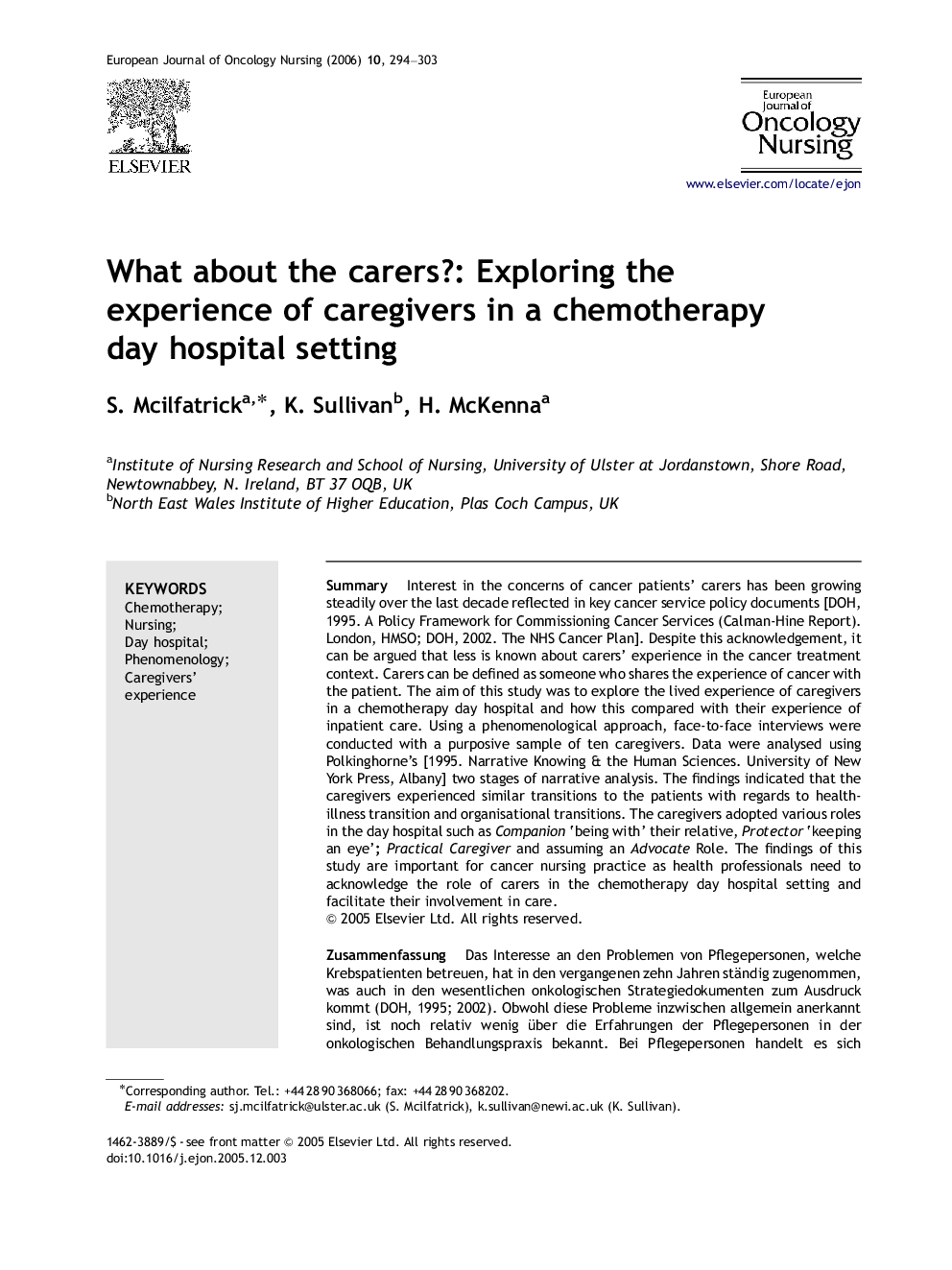 What about the carers?: Exploring the experience of caregivers in a chemotherapy day hospital setting