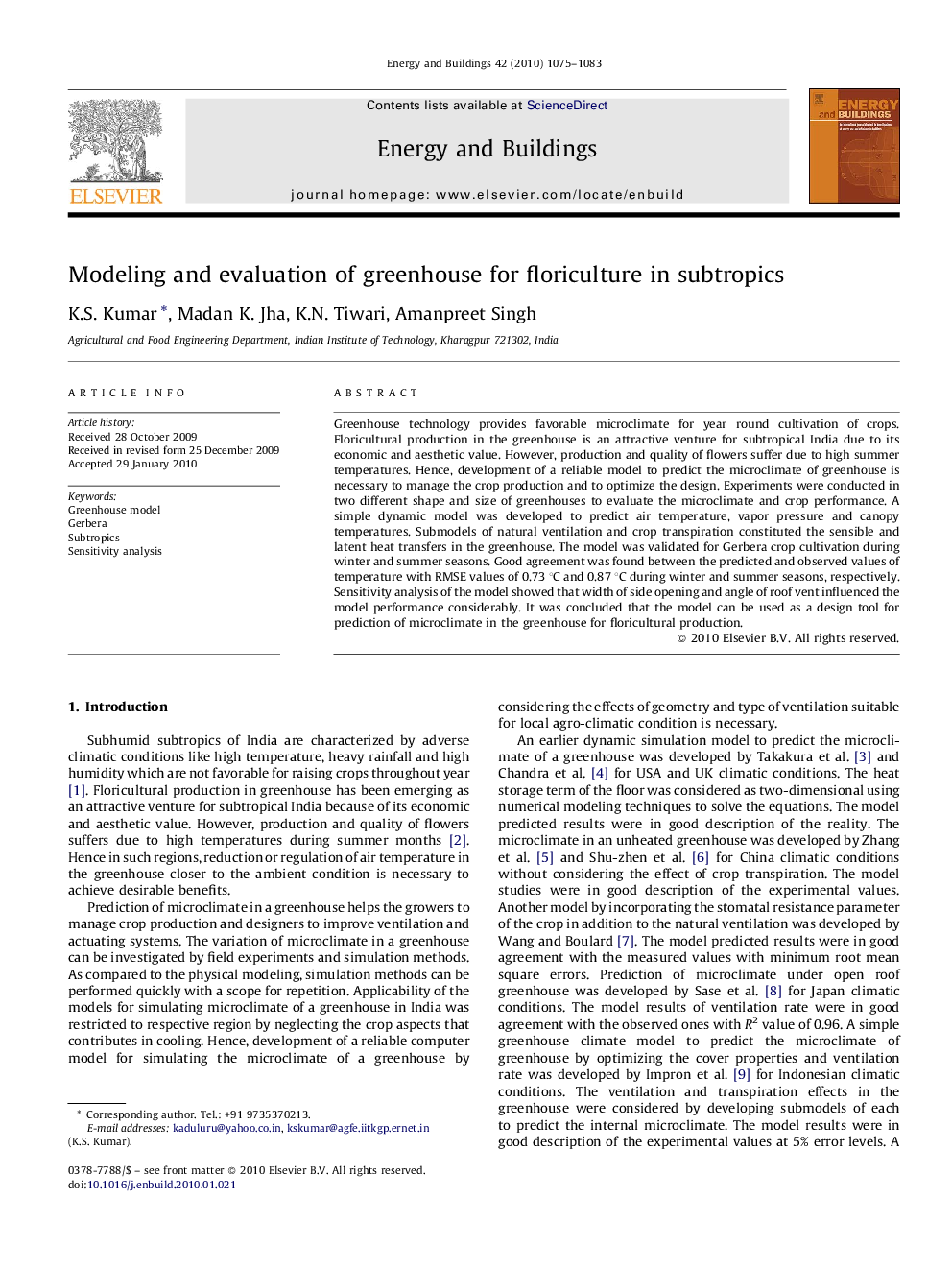 Modeling and evaluation of greenhouse for floriculture in subtropics