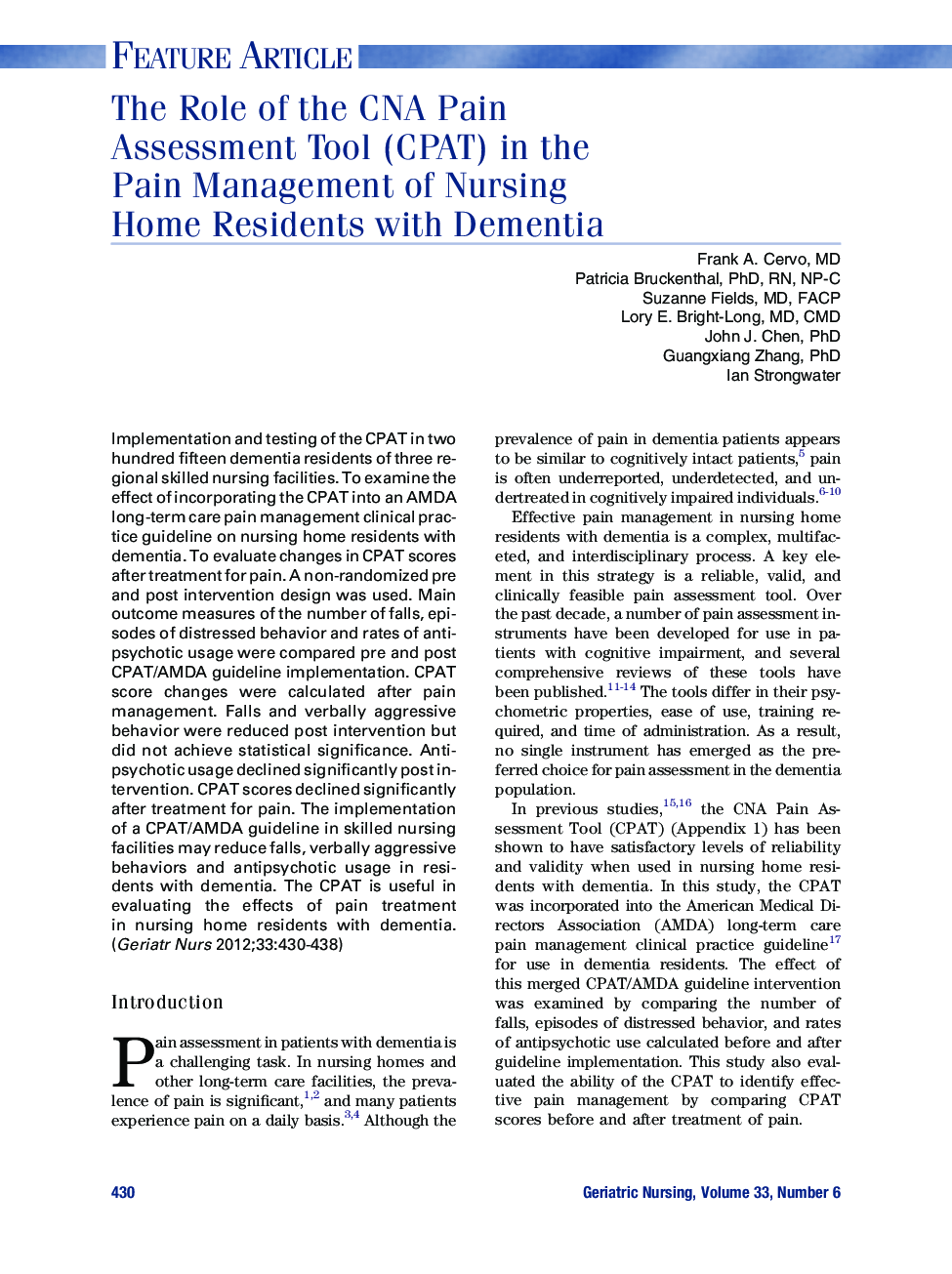 The Role of the CNA Pain Assessment Tool (CPAT) in the Pain Management of Nursing Home Residents with Dementia