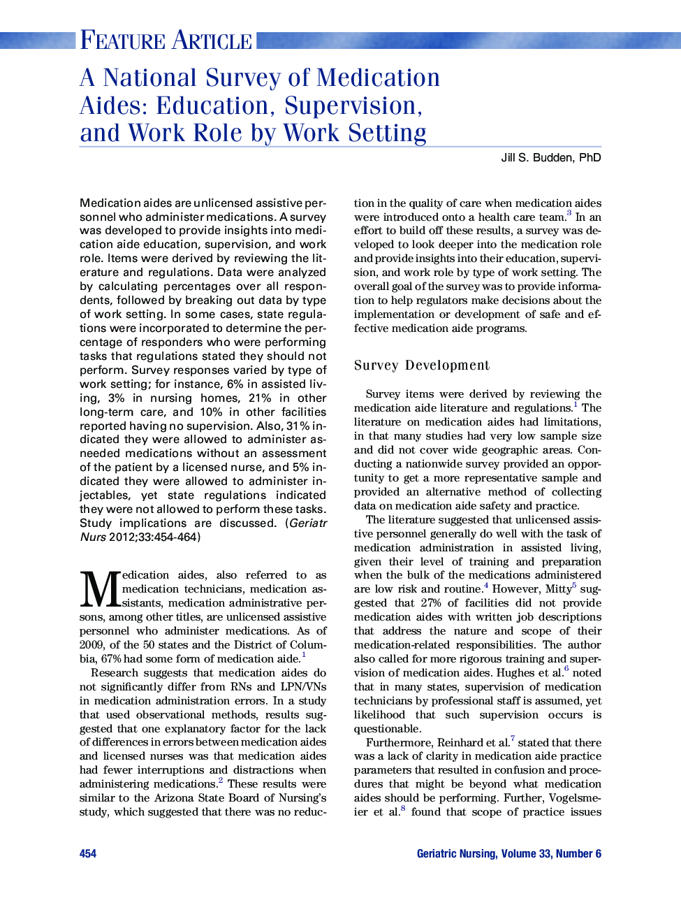 A National Survey of Medication Aides: Education, Supervision, and Work Role by Work Setting