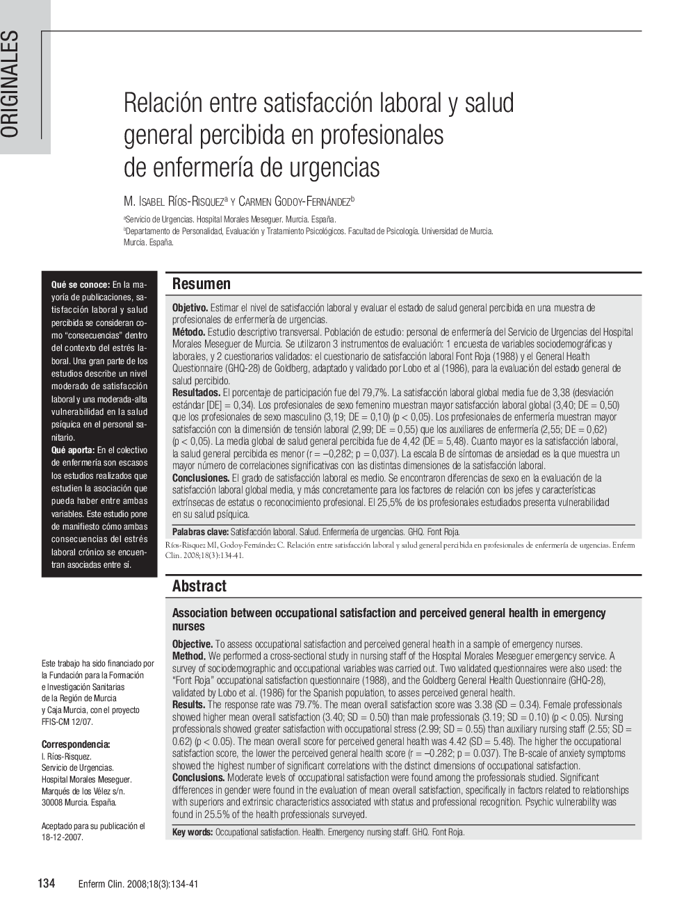 Relación entre satisfacción laboral y salud general percibida en profesionales de enfermería de urgencias