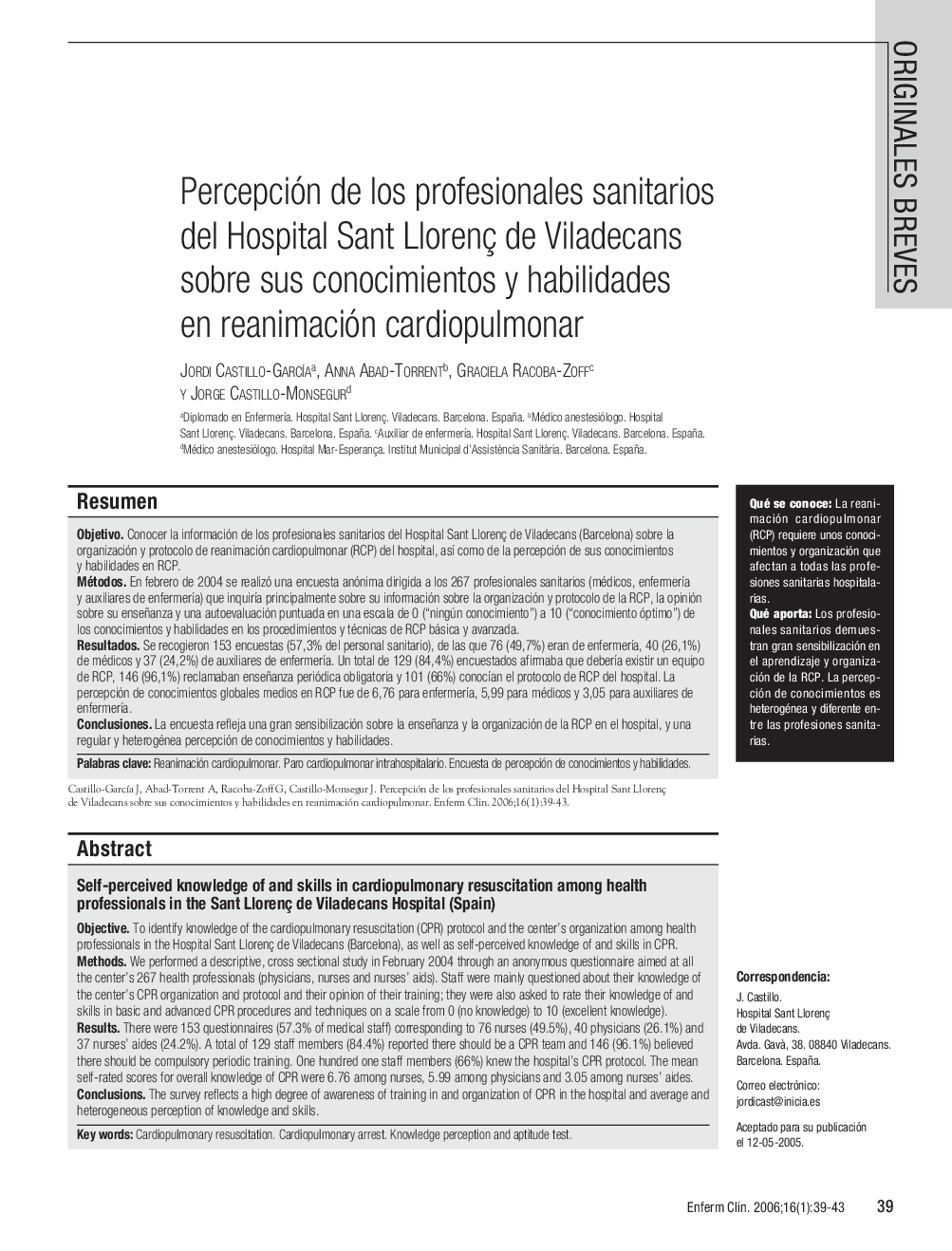 Percepción de los profesionales sanitarios del Hospital Sant Llorenç de Viladecans sobre sus conocimientos y habilidades en reanimación cardiopulmonar