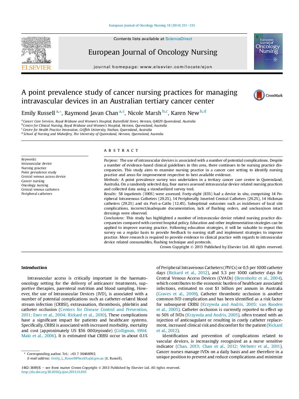 A point prevalence study of cancer nursing practices for managing intravascular devices in an Australian tertiary cancer center