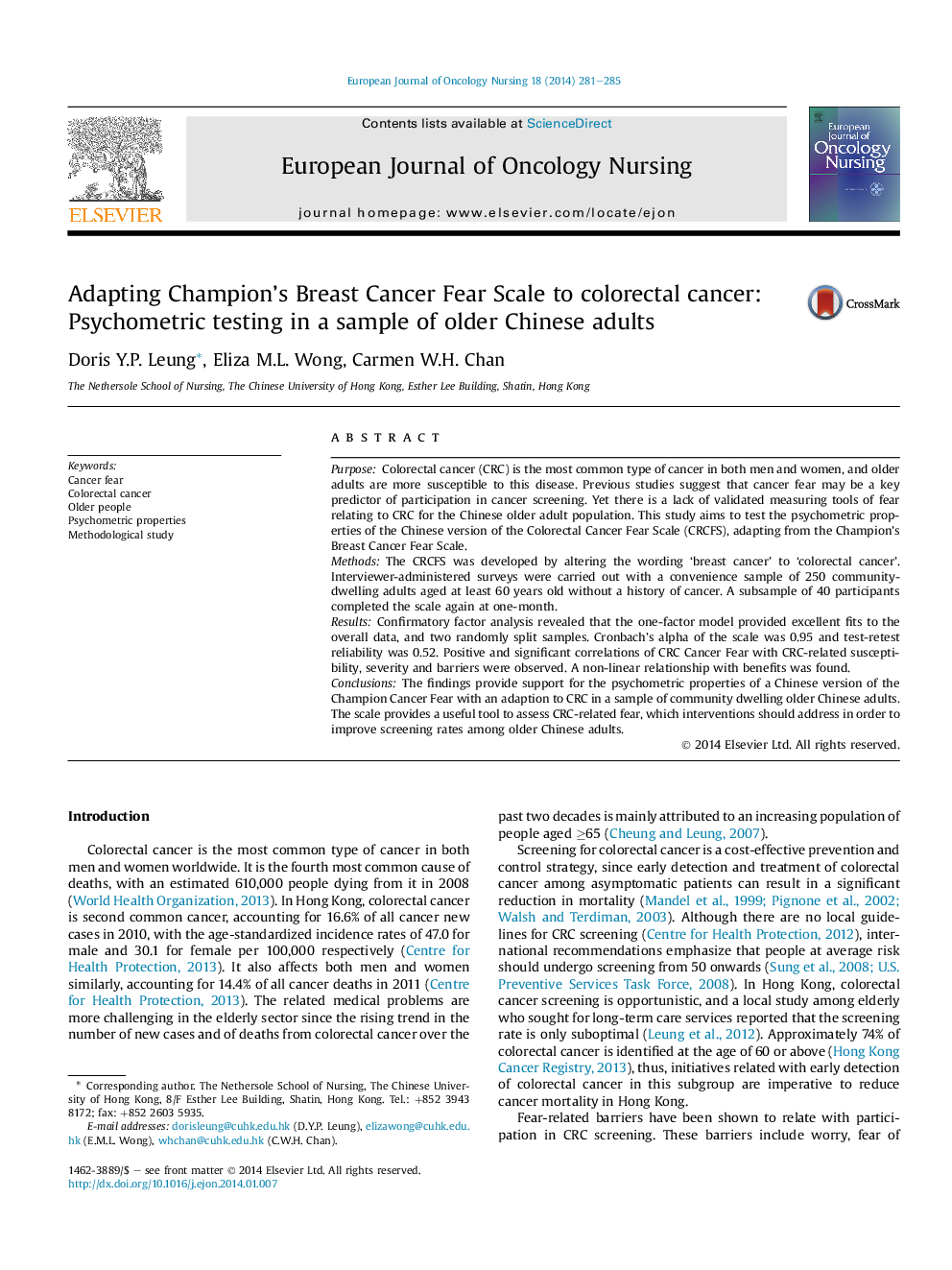 Adapting Champion's Breast Cancer Fear Scale to colorectal cancer: Psychometric testing in a sample of older Chinese adults