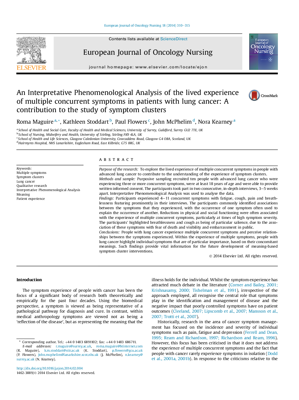 An Interpretative Phenomenological Analysis of the lived experience of multiple concurrent symptoms in patients with lung cancer: A contribution to the study of symptom clusters