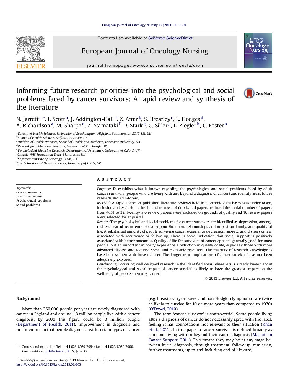 Informing future research priorities into the psychological and social problems faced by cancer survivors: A rapid review and synthesis of the literature