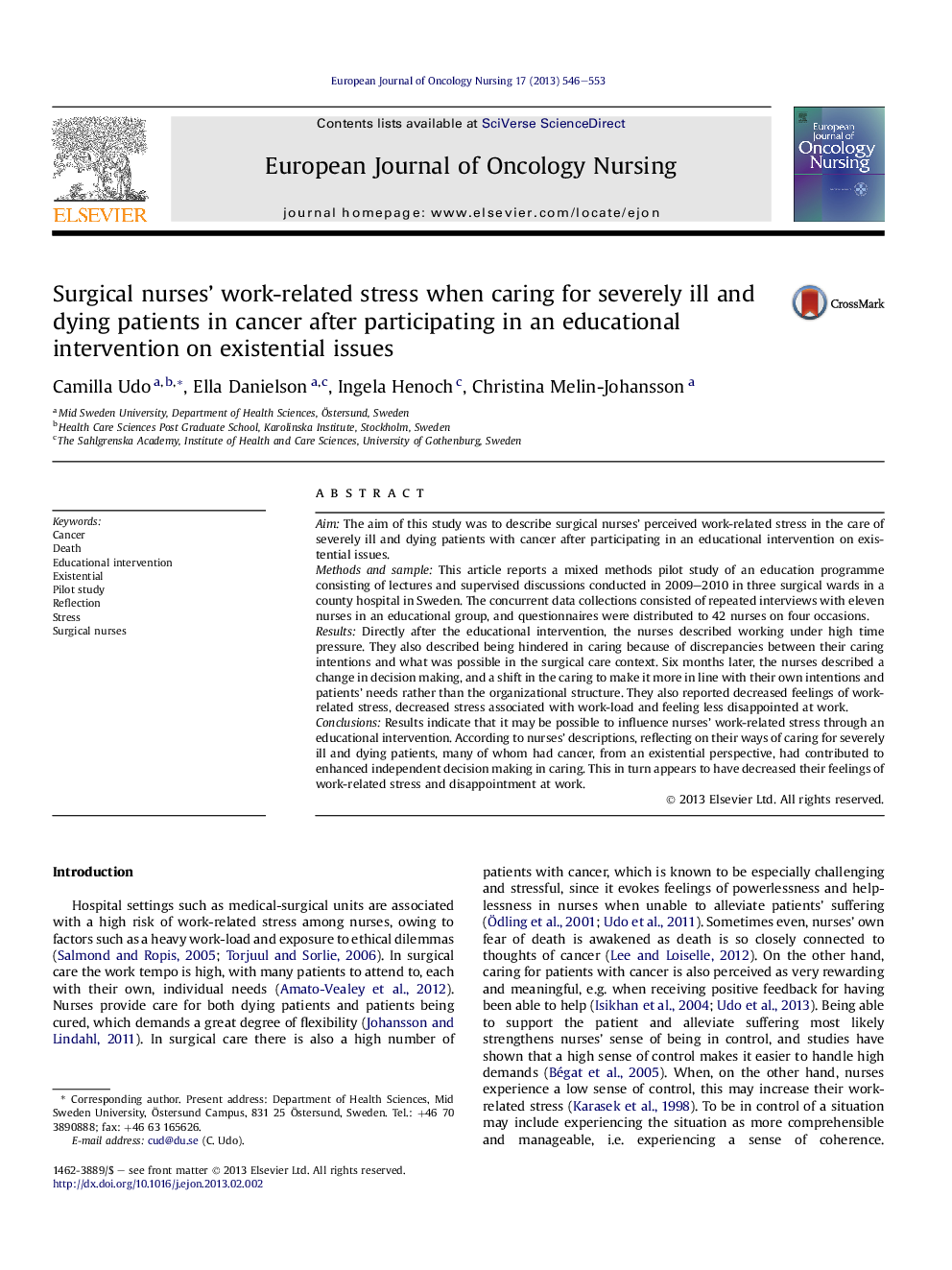 Surgical nurses' work-related stress when caring for severely ill and dying patients in cancer after participating in an educational intervention on existential issues