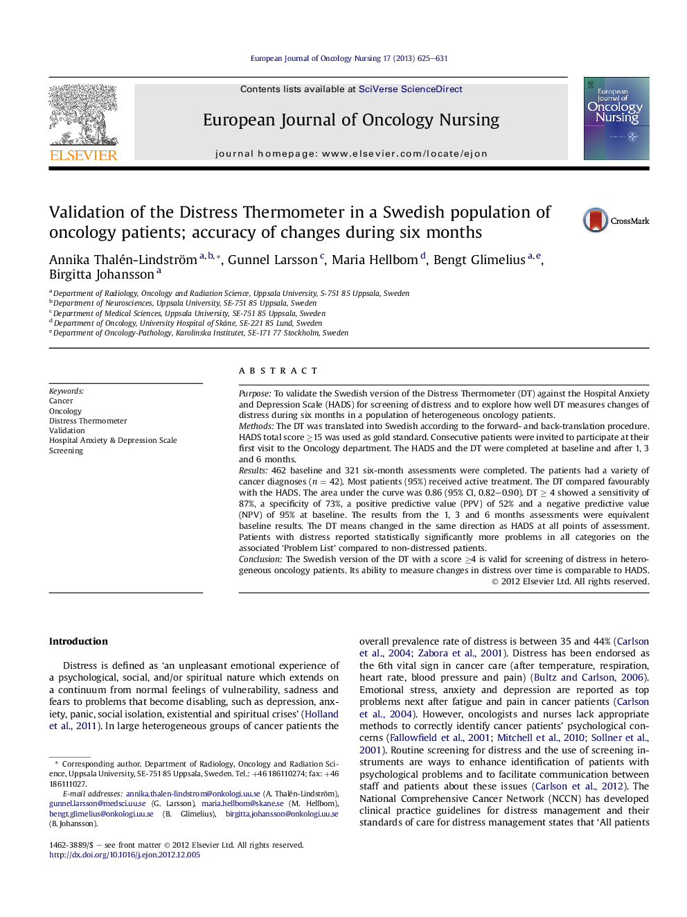 Validation of the Distress Thermometer in a Swedish population of oncology patients; accuracy of changes during six months