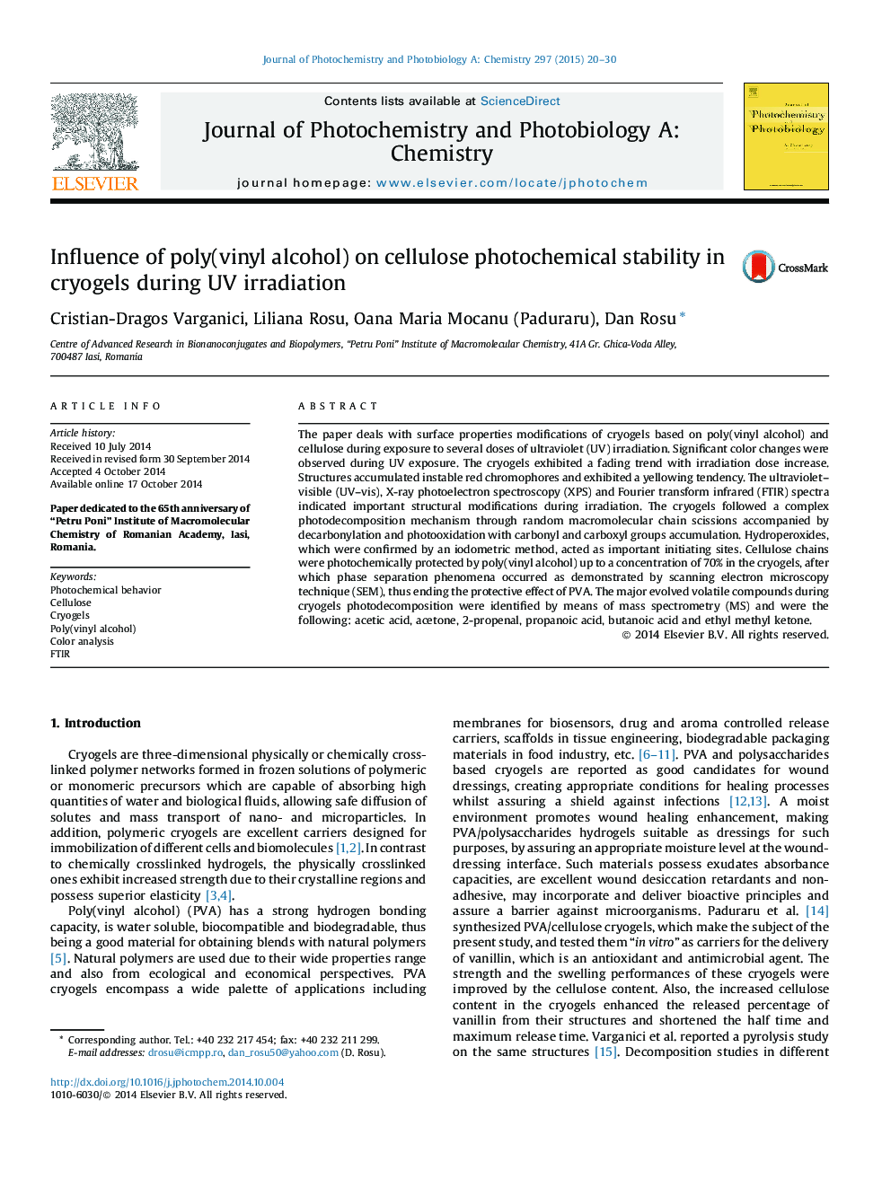 Influence of poly(vinyl alcohol) on cellulose photochemical stability in cryogels during UV irradiation