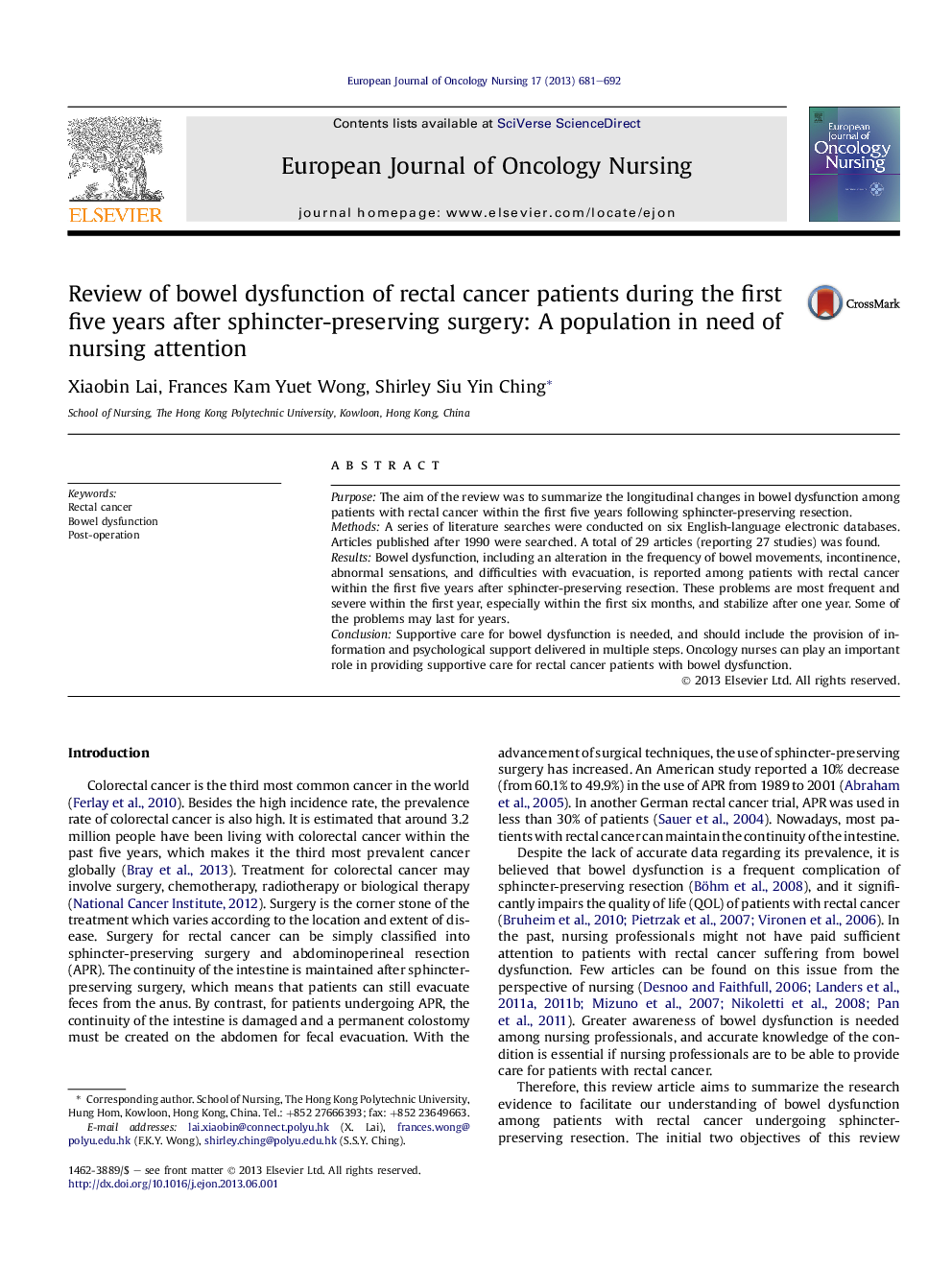 Review of bowel dysfunction of rectal cancer patients during the first five years after sphincter-preserving surgery: A population in need of nursing attention