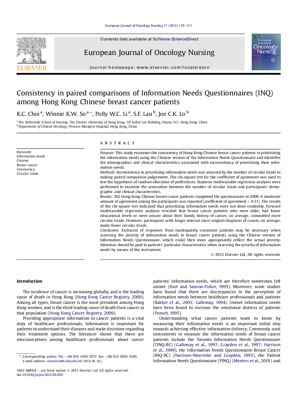 Consistency in paired comparisons of Information Needs Questionnaires (INQ) among Hong Kong Chinese breast cancer patients