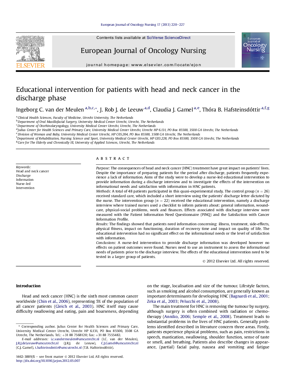 Educational intervention for patients with head and neck cancer in the discharge phase