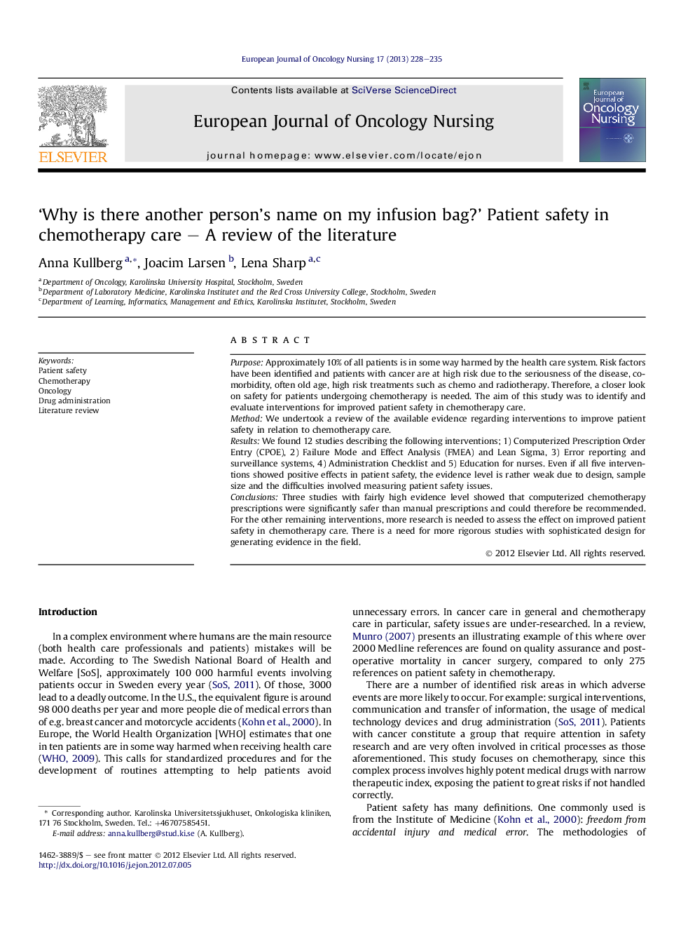 ‘Why is there another person's name on my infusion bag?’ Patient safety in chemotherapy care – A review of the literature