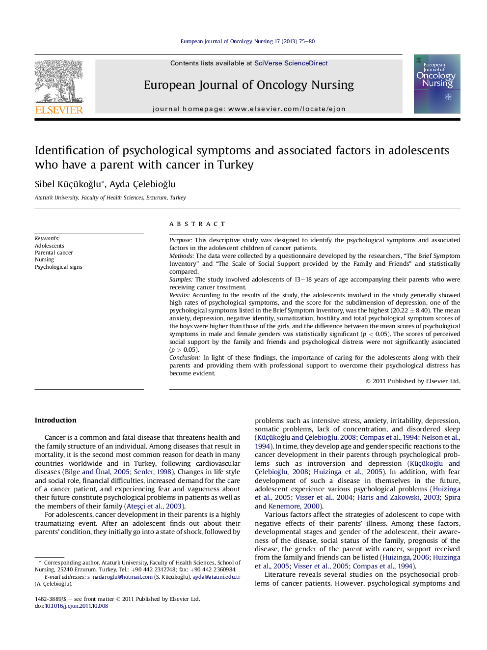 Identification of psychological symptoms and associated factors in adolescents who have a parent with cancer in Turkey