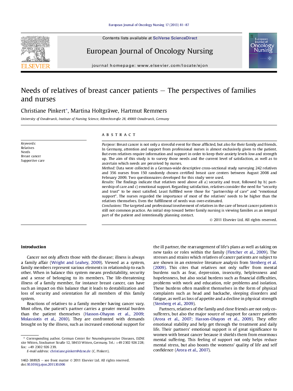 Needs of relatives of breast cancer patients – The perspectives of families and nurses