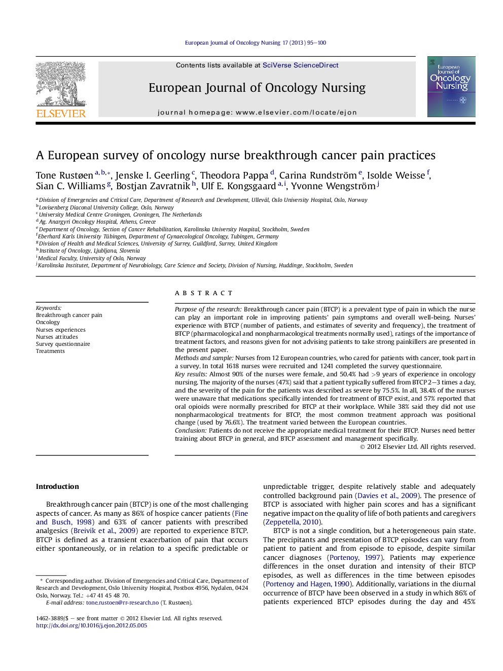 A European survey of oncology nurse breakthrough cancer pain practices