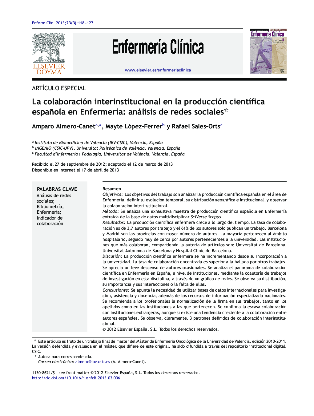 عکس صفحه اول مقاله: La colaboración interinstitucional en la producción científica española en Enfermería: análisis de redes sociales La colaboración interinstitucional en la producción científica española en Enfermería: análisis de redes sociales