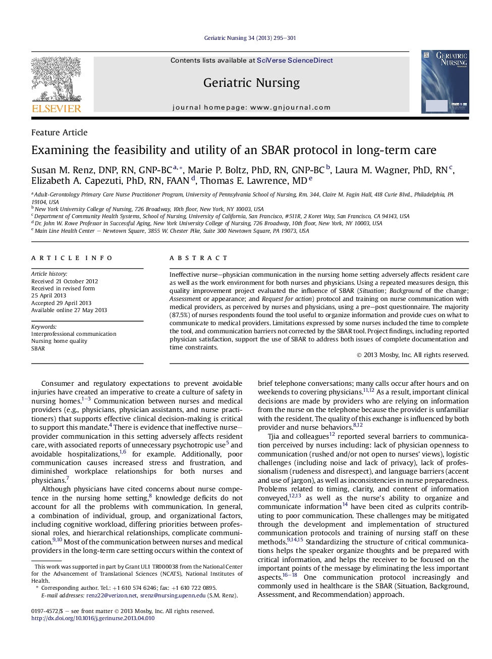 Examining the feasibility and utility of an SBAR protocol in long-term care 