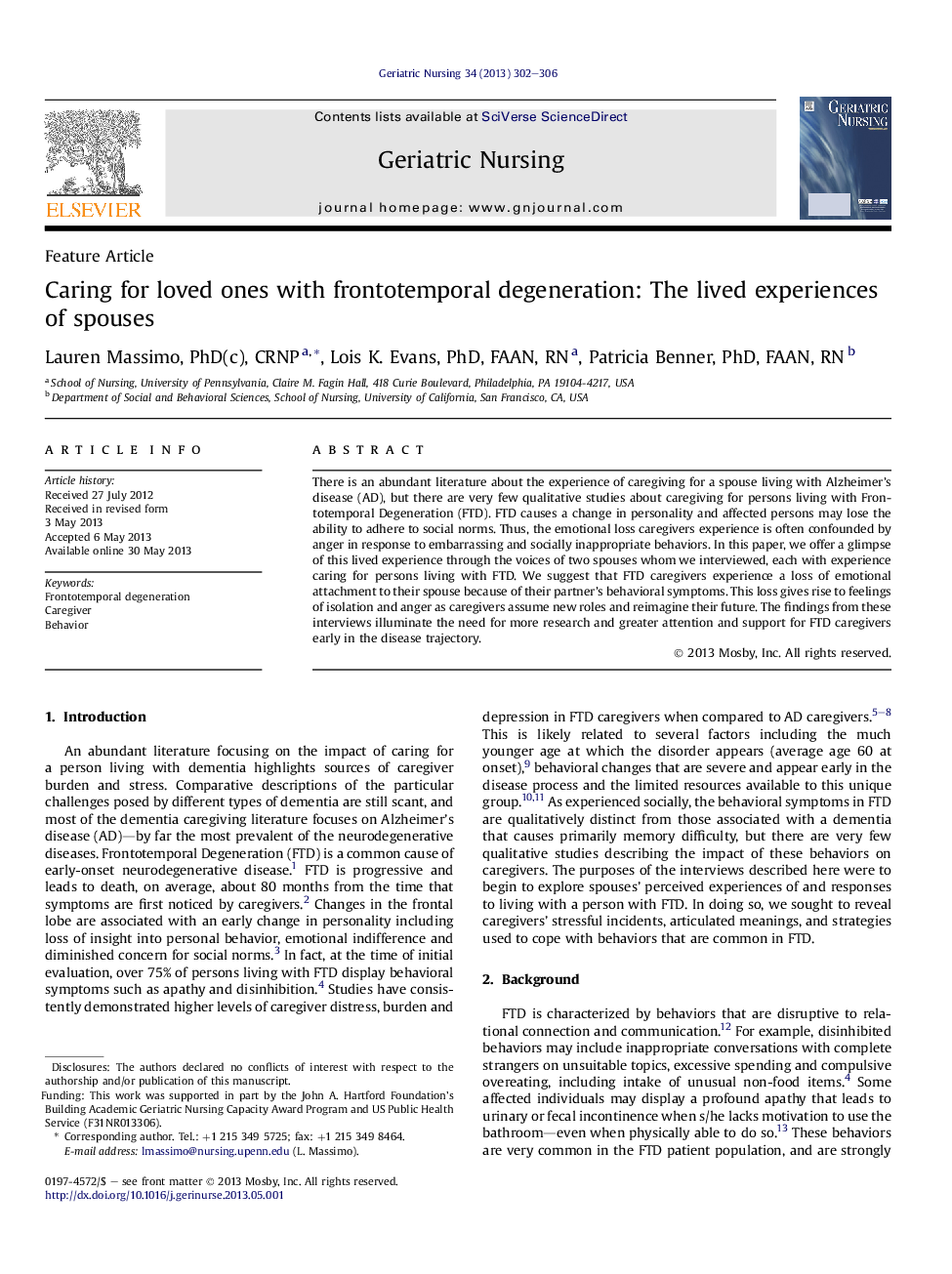 Caring for loved ones with frontotemporal degeneration: The lived experiences of spouses 