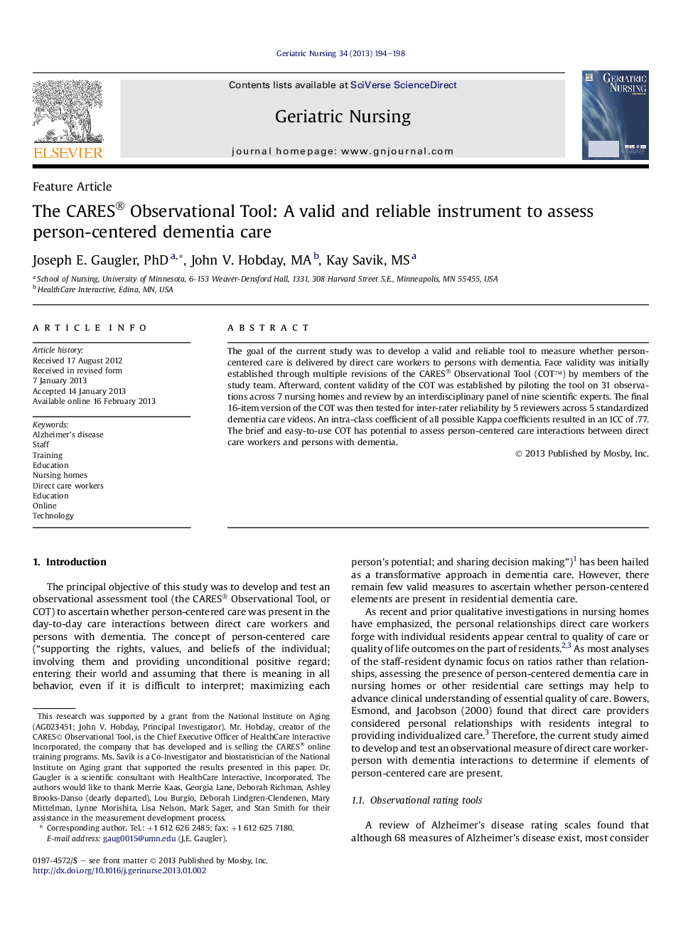 The CARES® Observational Tool: A valid and reliable instrument to assess person-centered dementia care 