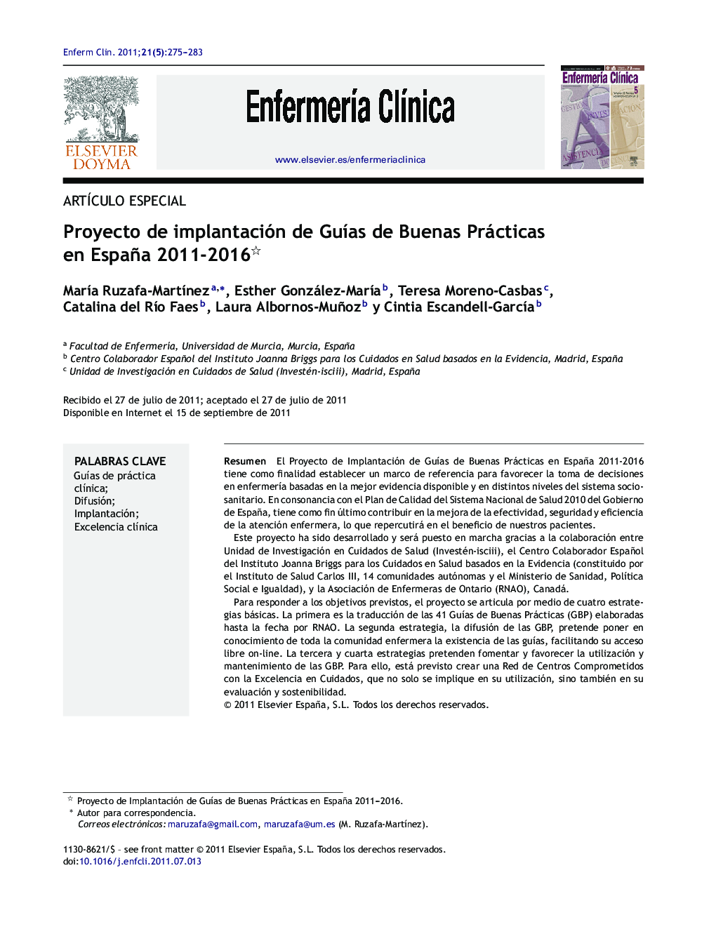 Proyecto de implantación de GuÃ­as de Buenas Prácticas en España 2011-2016