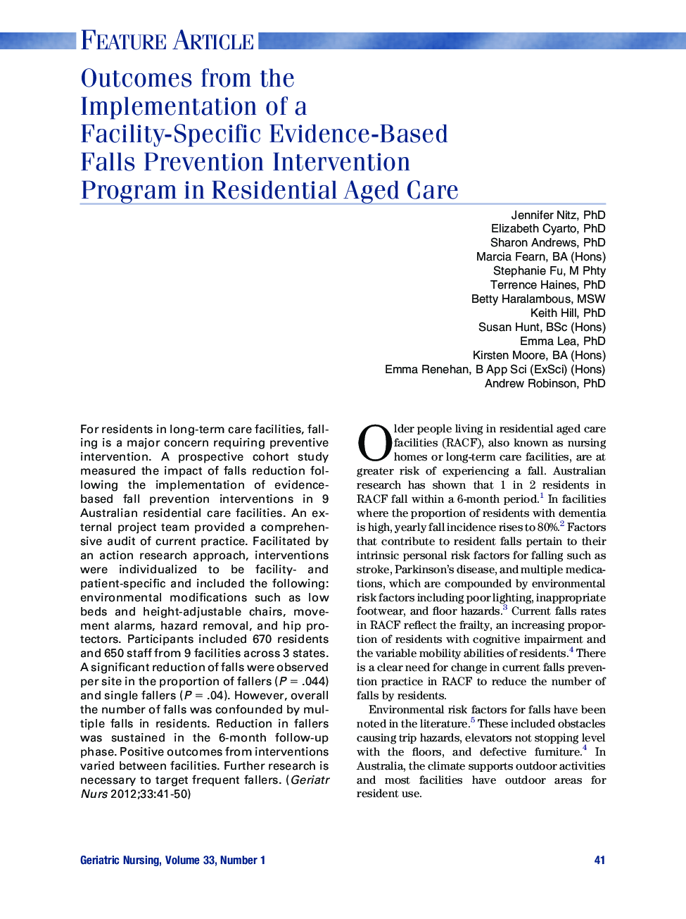 Outcomes from the Implementation of a Facility-Specific Evidence-Based Falls Prevention Intervention Program in Residential Aged Care