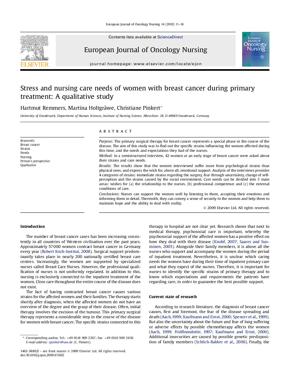 Stress and nursing care needs of women with breast cancer during primary treatment: A qualitative study