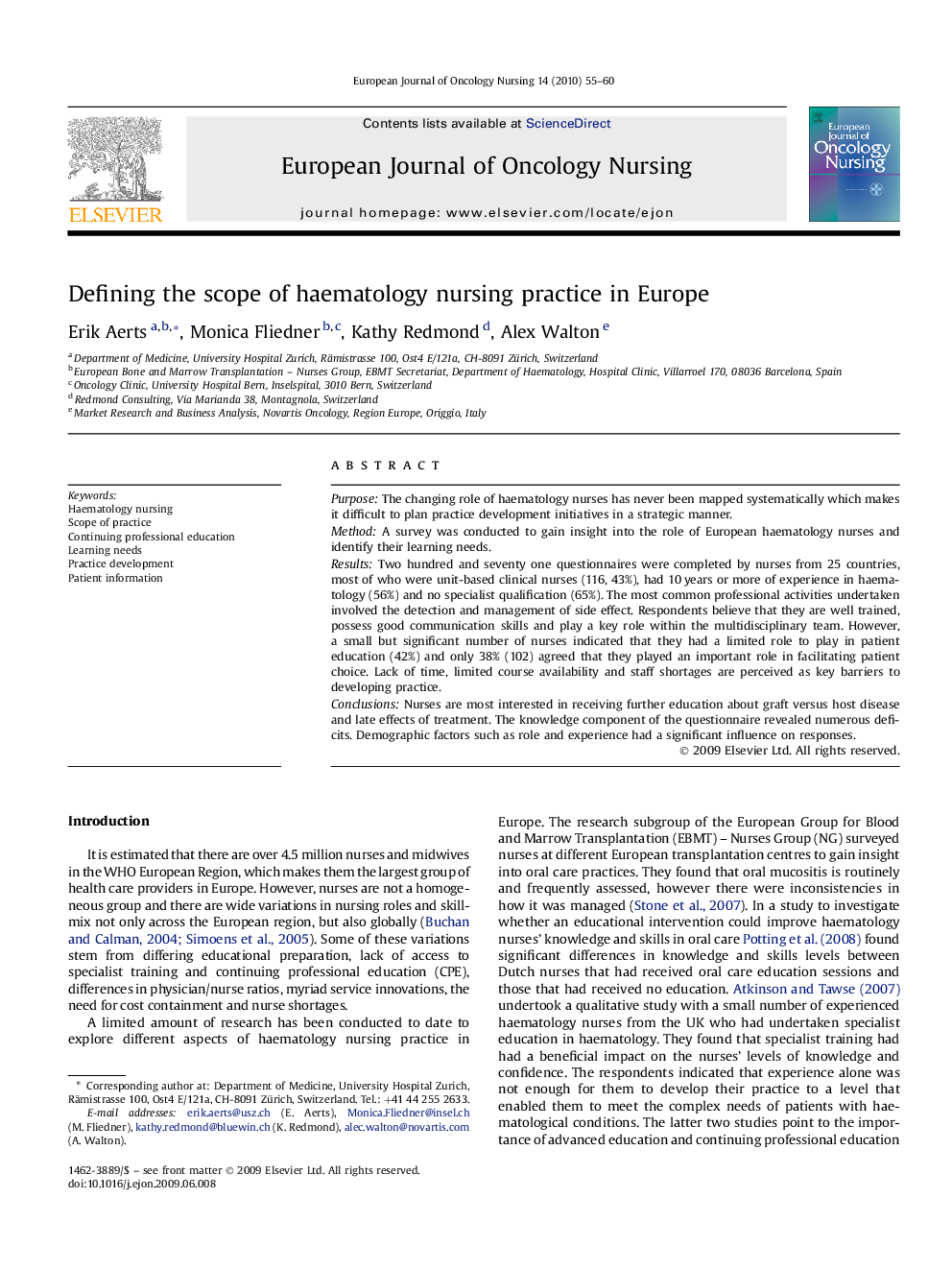 Defining the scope of haematology nursing practice in Europe