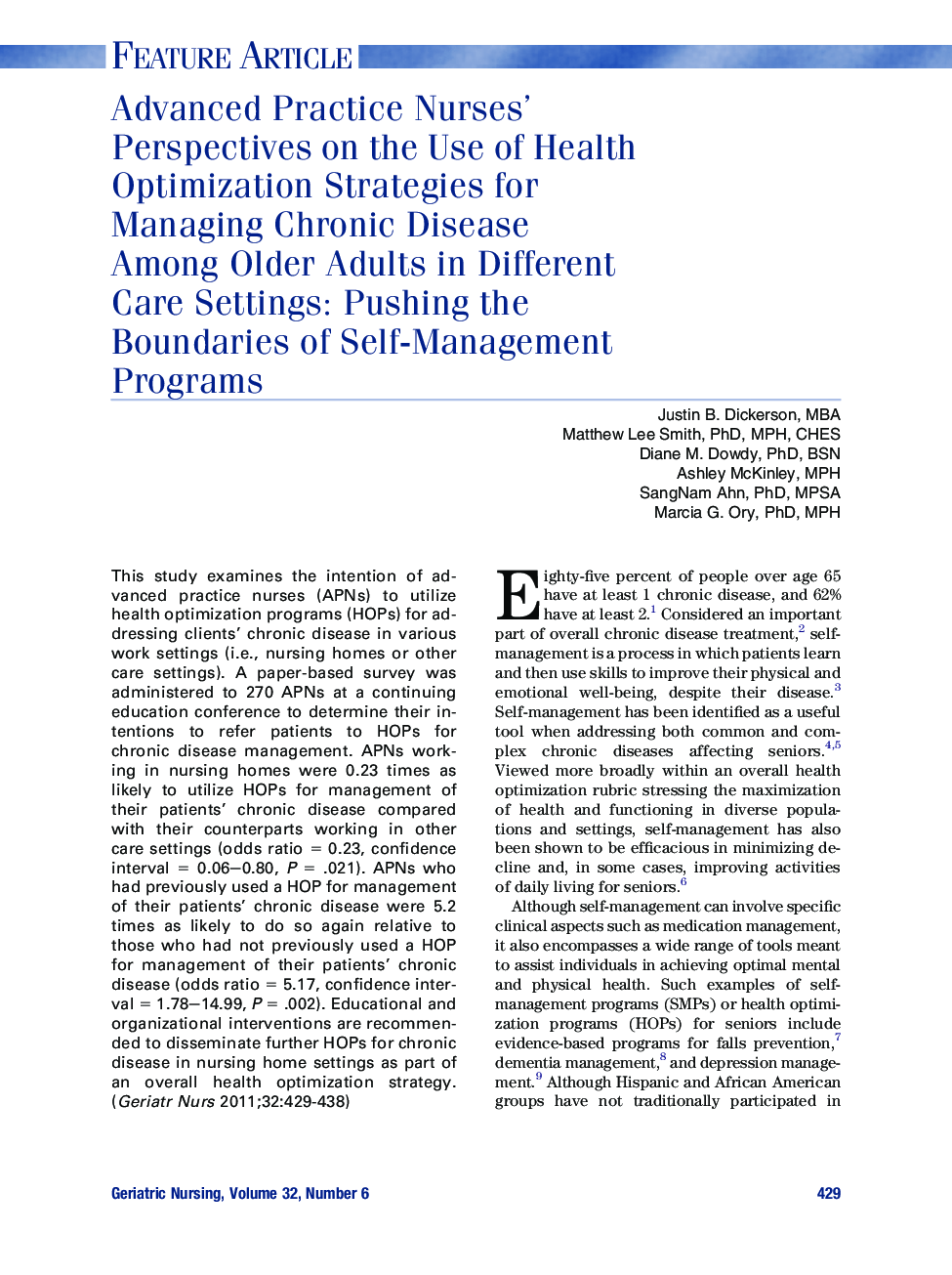 Advanced Practice Nurses' Perspectives on the Use of Health Optimization Strategies for Managing Chronic Disease Among Older Adults in Different Care Settings: Pushing the Boundaries of Self-Management Programs