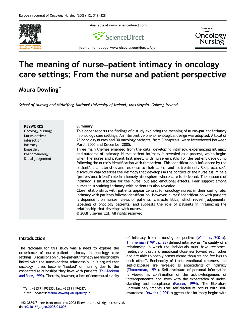 The meaning of nurse–patient intimacy in oncology care settings: From the nurse and patient perspective