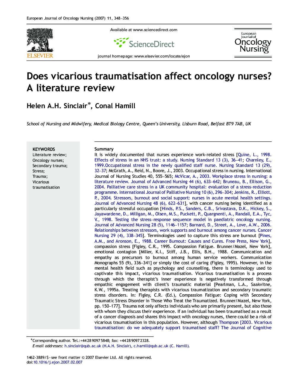 Does vicarious traumatisation affect oncology nurses? A literature review