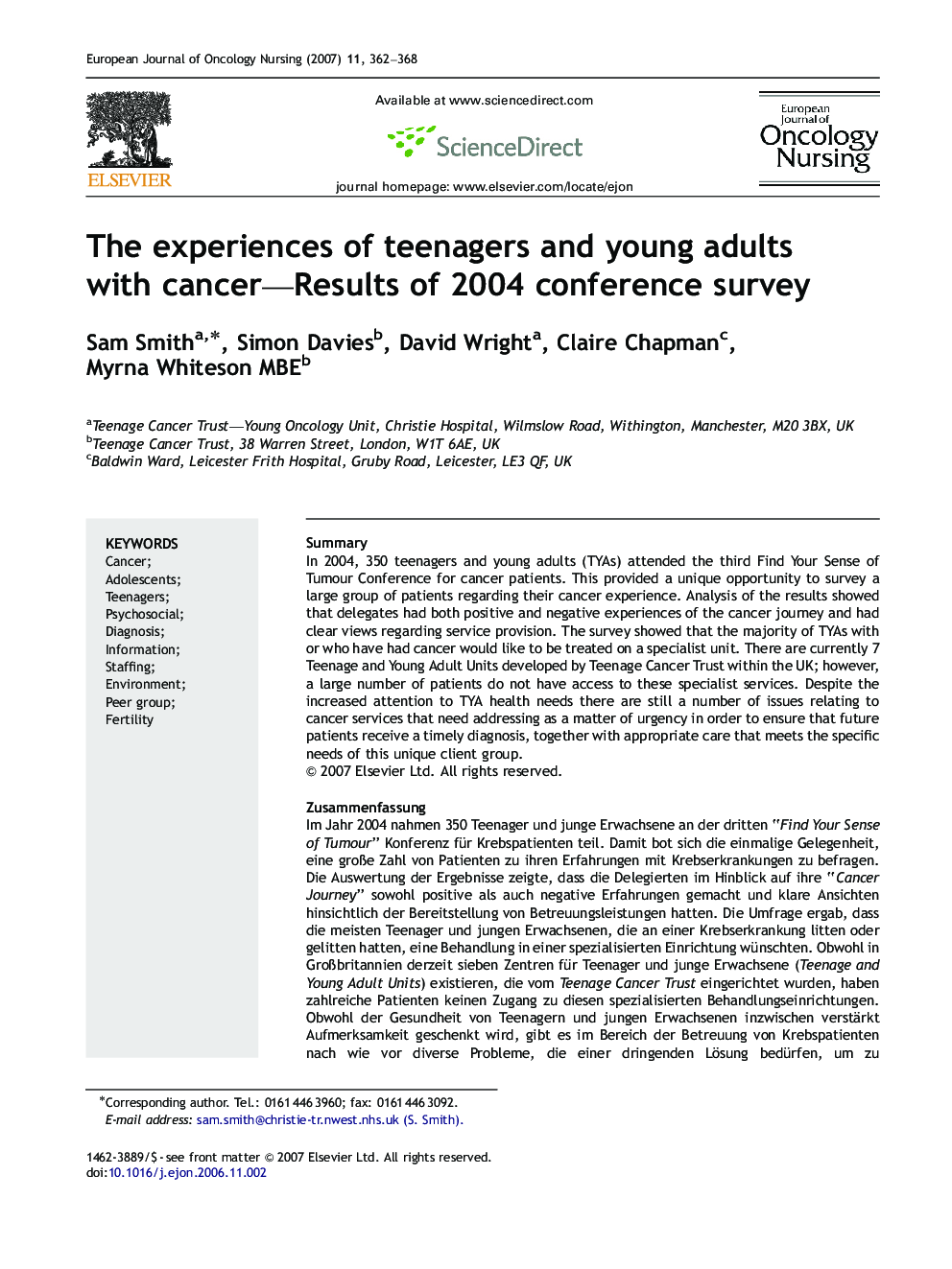 The experiences of teenagers and young adults with cancer—Results of 2004 conference survey