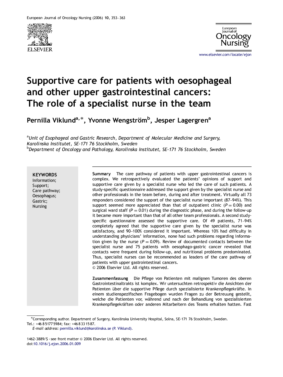 Supportive care for patients with oesophageal and other upper gastrointestinal cancers: The role of a specialist nurse in the team