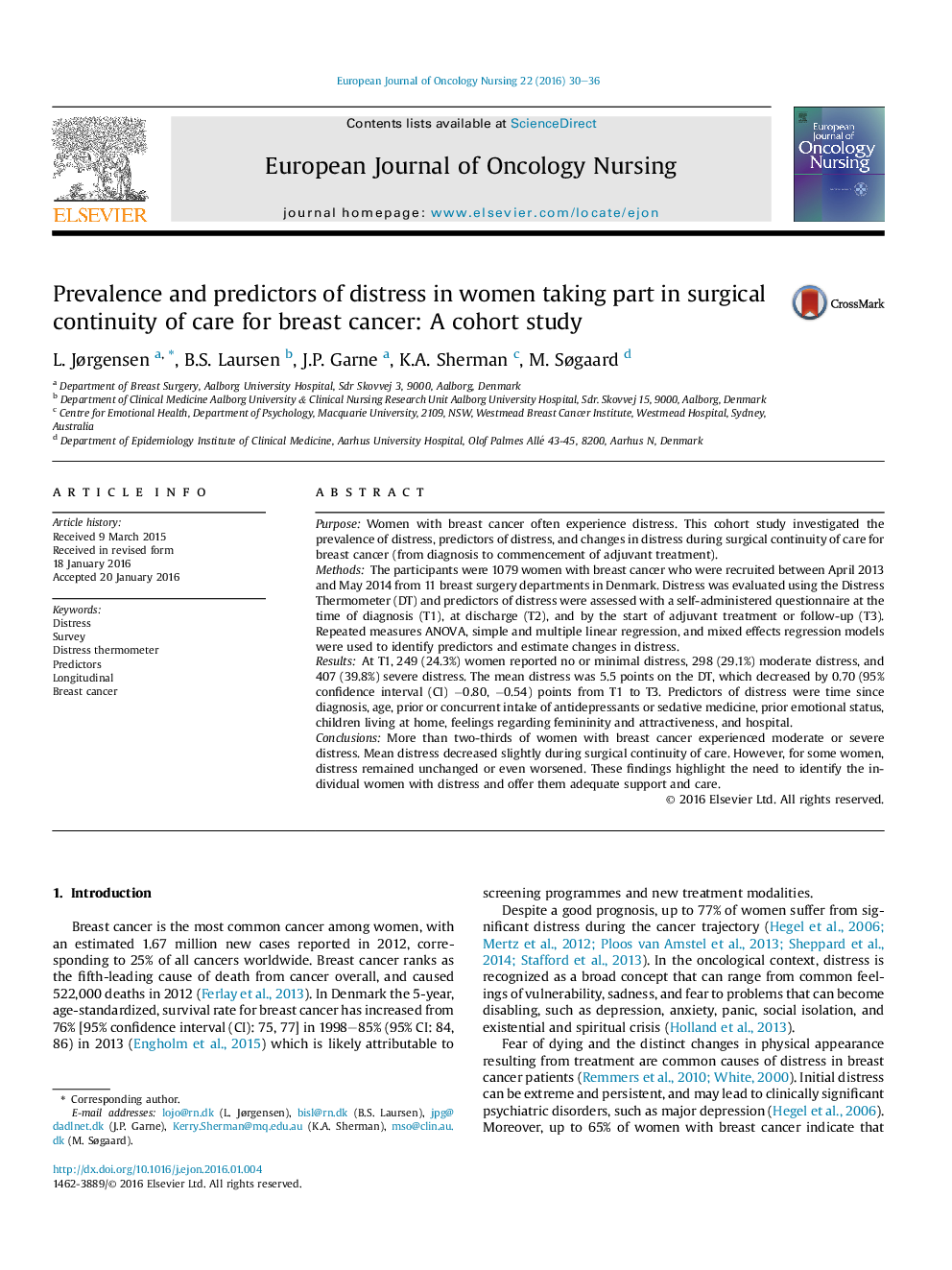 Prevalence and predictors of distress in women taking part in surgical continuity of care for breast cancer: A cohort study