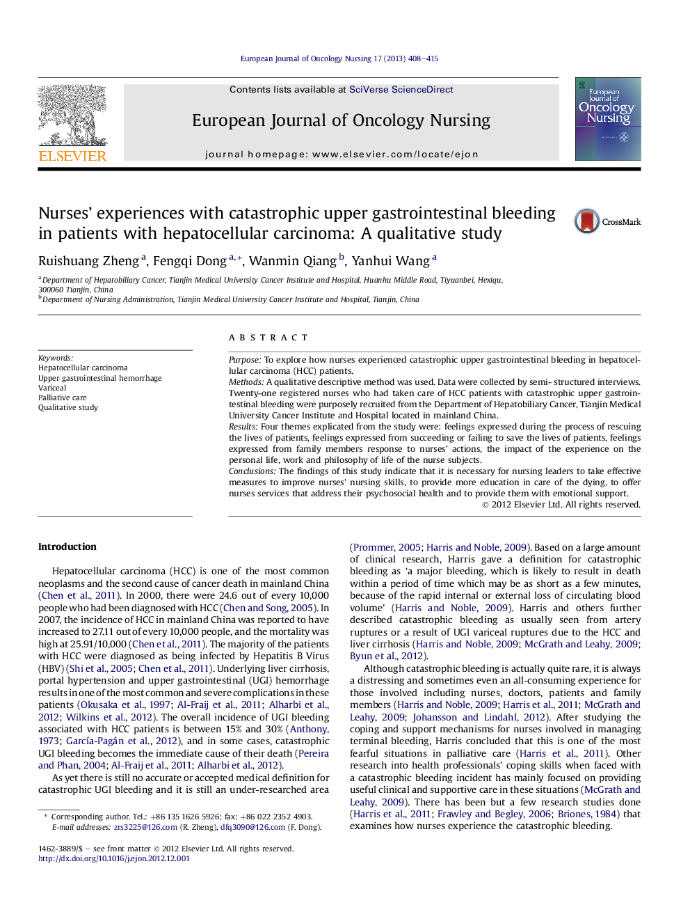 Nurses' experiences with catastrophic upper gastrointestinal bleeding in patients with hepatocellular carcinoma: A qualitative study