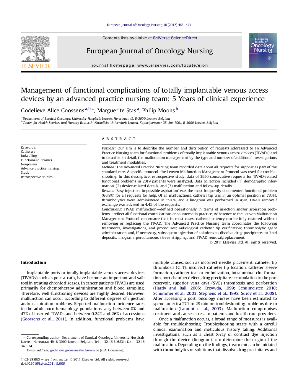 Management of functional complications of totally implantable venous access devices by an advanced practice nursing team: 5 Years of clinical experience