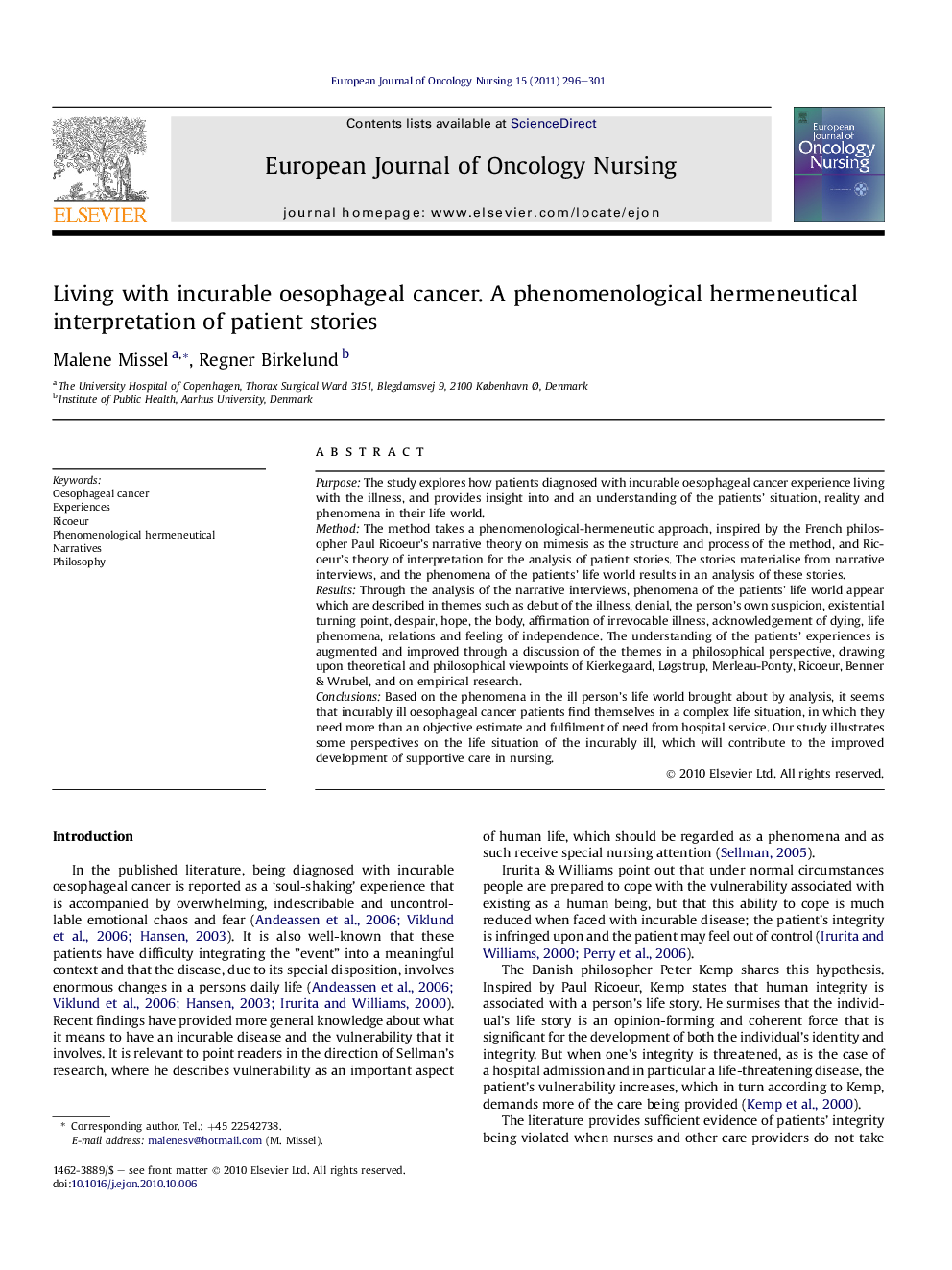 Living with incurable oesophageal cancer. A phenomenological hermeneutical interpretation of patient stories