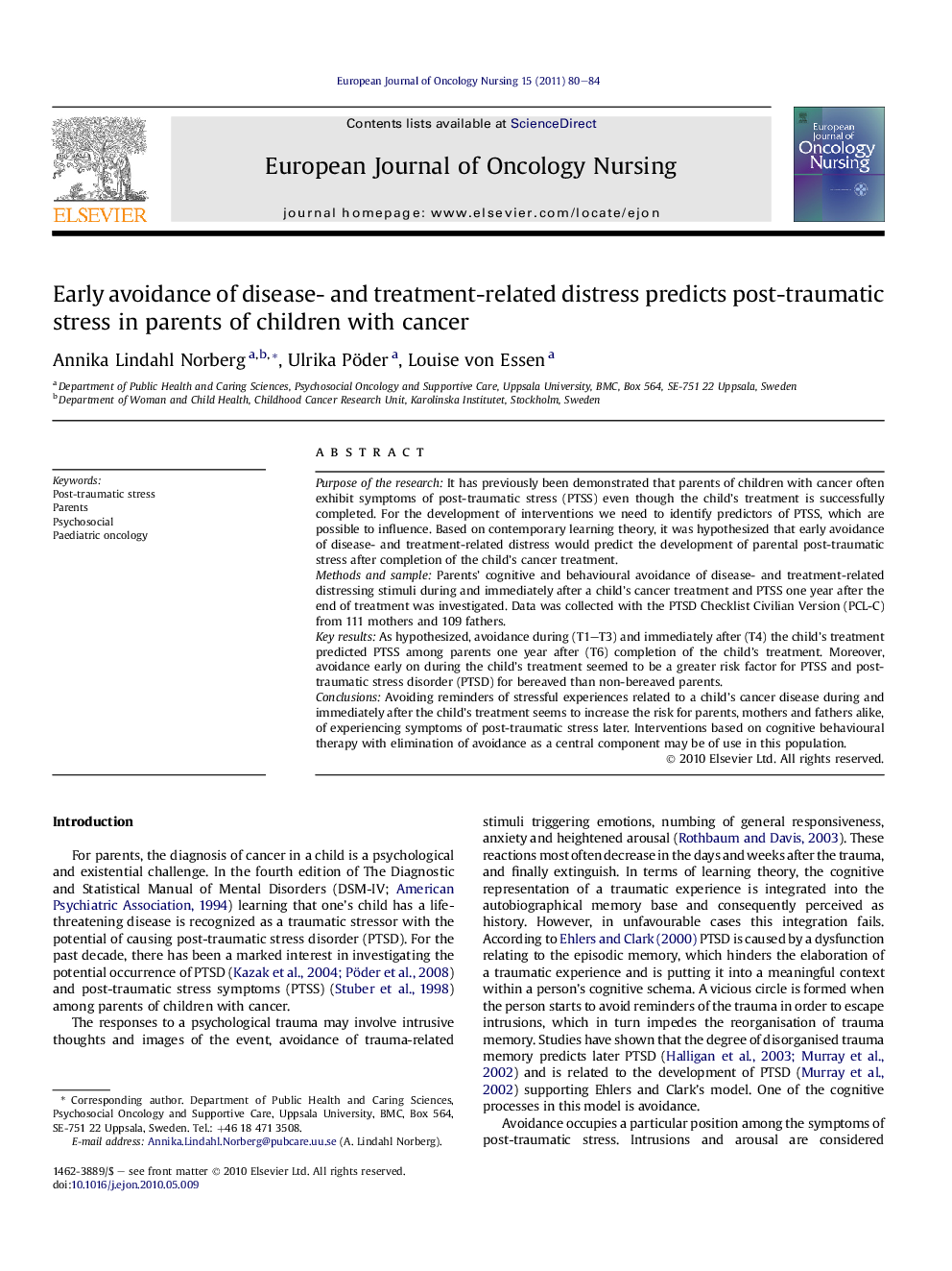 Early avoidance of disease- and treatment-related distress predicts post-traumatic stress in parents of children with cancer