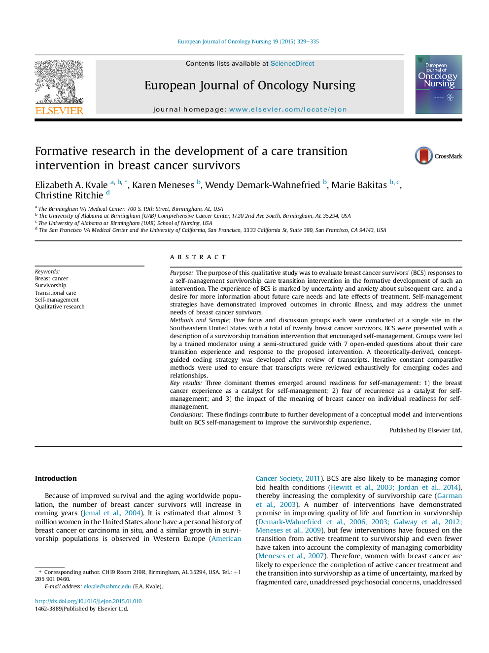 Formative research in the development of a care transition intervention in breast cancer survivors